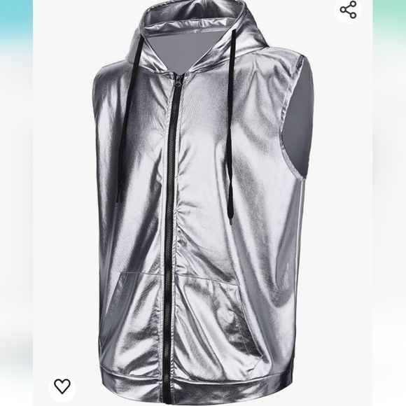 Silver Metallic Festival Zip Sleeveless Vest Disco Hooded Lightweight - Picture 1 of 5